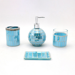 Mosaic Style Blue Bathroom Accessories 4pcs Glass Set