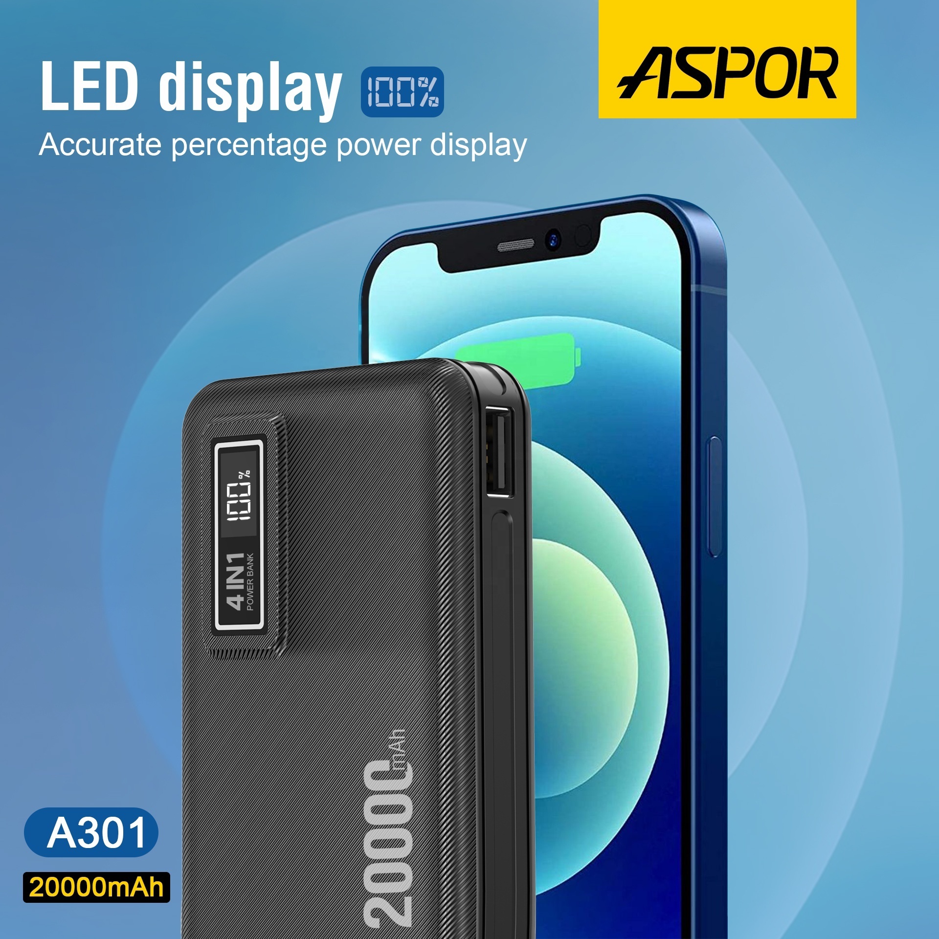 Aspor A301 Hot Sale 10000mAh 20000mAh 30000mAh 50000mAh Portable Power Bank Built in 4 Cables with LED Digital Display