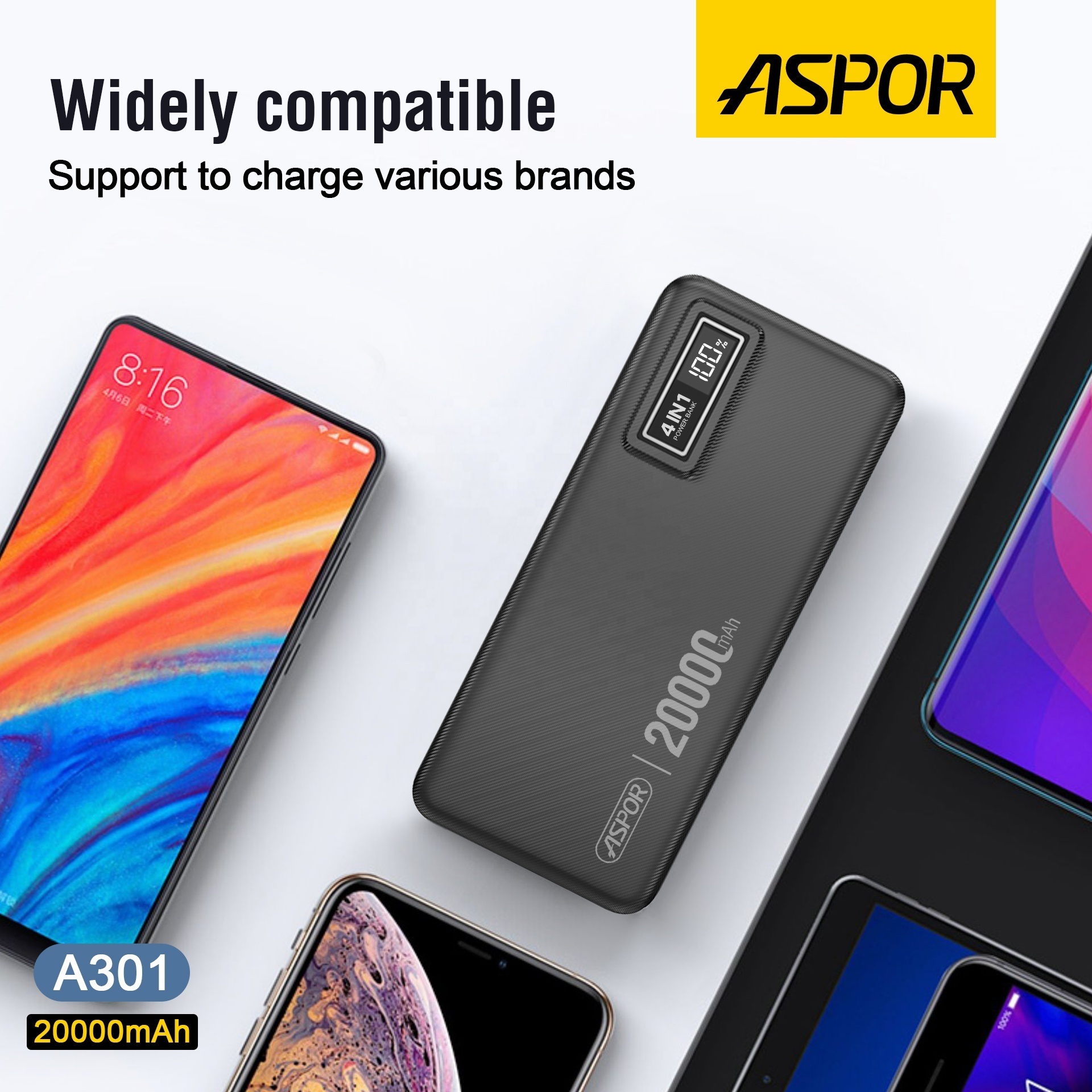 Aspor A301 Hot Sale 10000mAh 20000mAh 30000mAh 50000mAh Portable Power Bank Built in 4 Cables with LED Digital Display