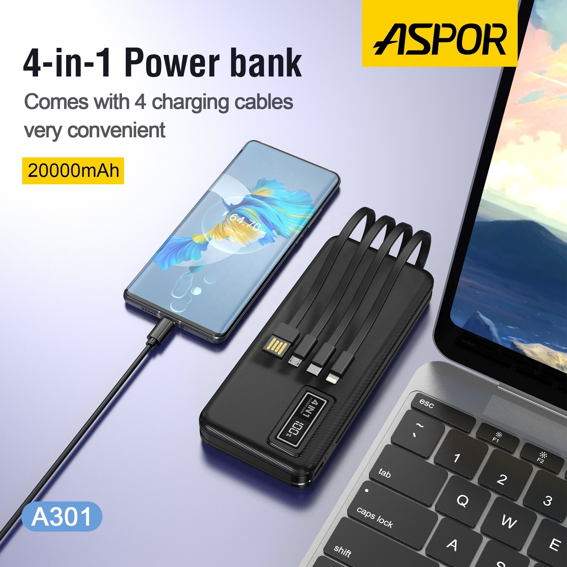 Aspor A301 Hot Sale 10000mAh 20000mAh 30000mAh 50000mAh Portable Power Bank Built in 4 Cables with LED Digital Display