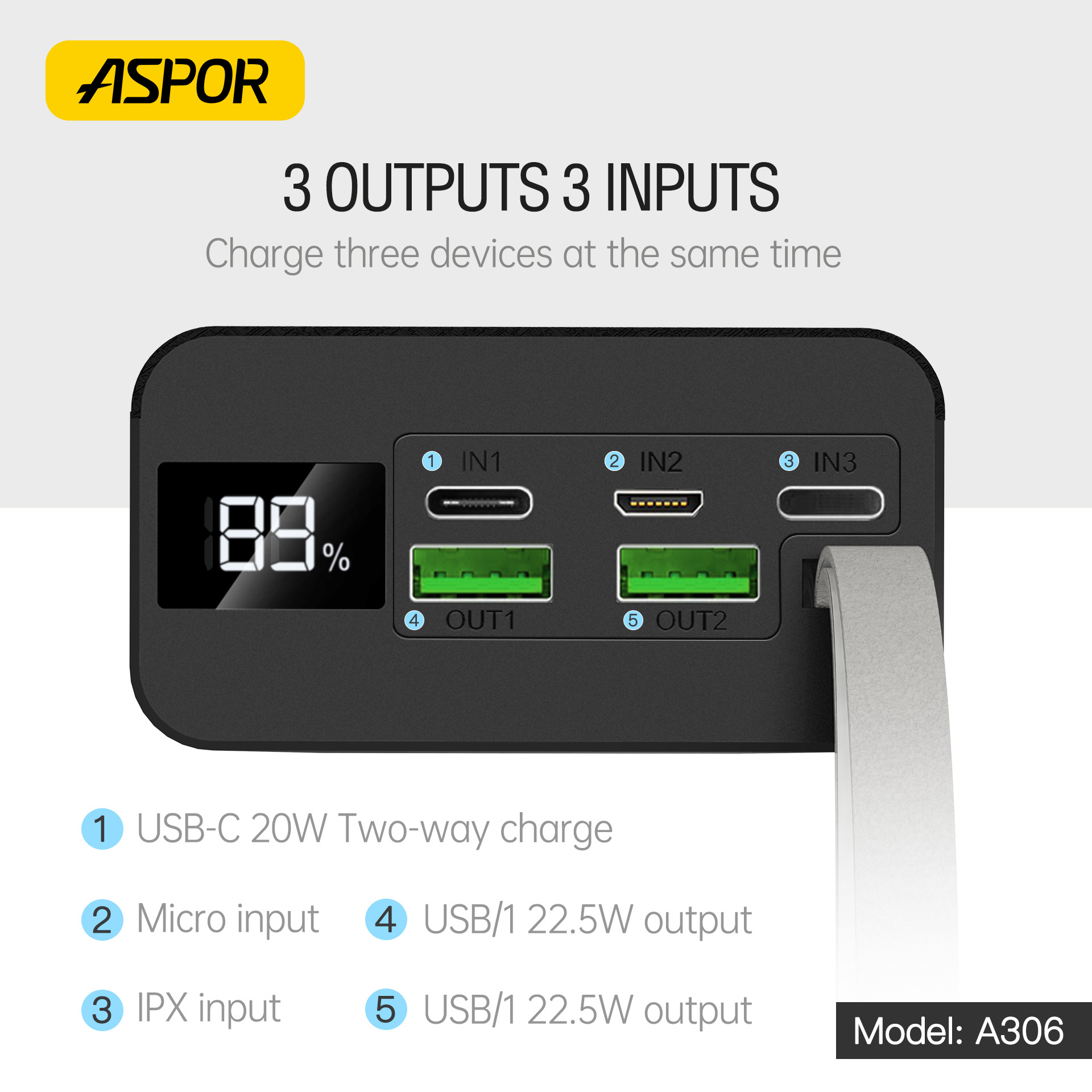 Aspor A306 New Trending Product Fast Charge Powerbank 30000 mAh Battery Bank Best Sellers Power Bank 30000mAh