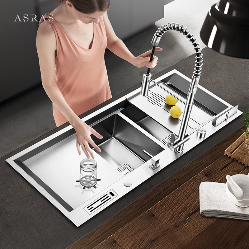 Asras SUS304 stainless steel Model 12050P large luxury silver fine brushed handmade kitchen sink with cup washer