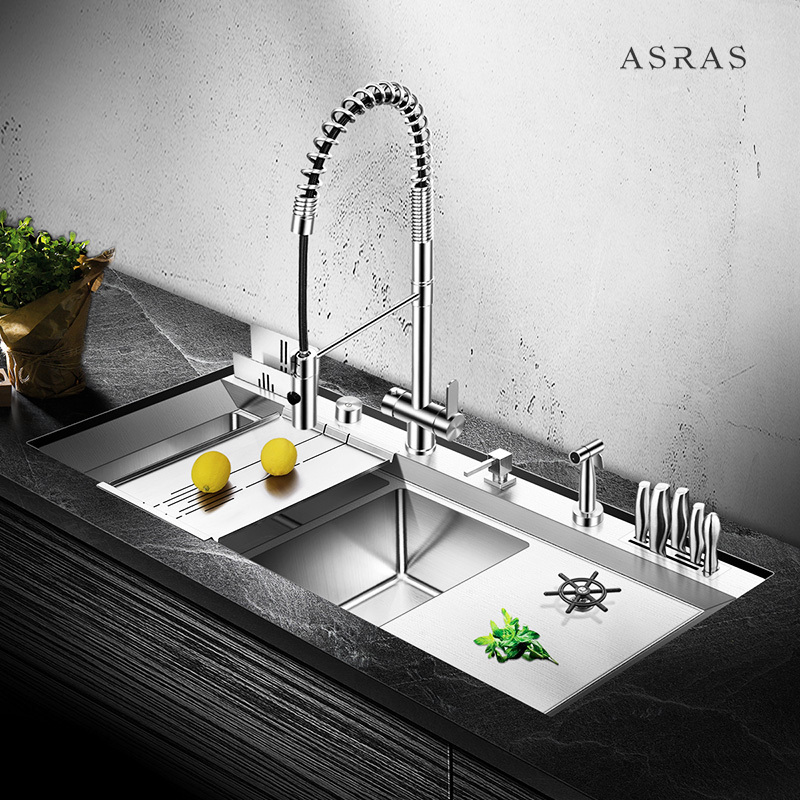 Asras SUS304 stainless steel Model 12050P large luxury silver fine brushed handmade kitchen sink with cup washer