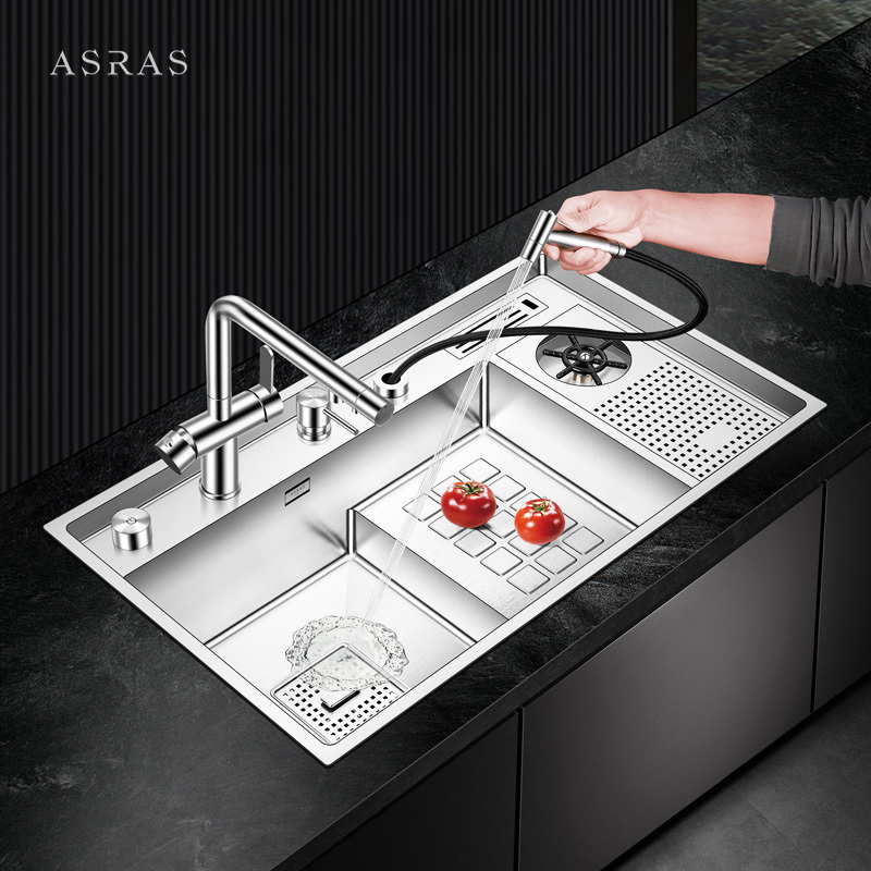 Asras Stainless Steel 304 single bowl Handmade Kitchen Sink stepped-base sink cup rinser sink  8448J