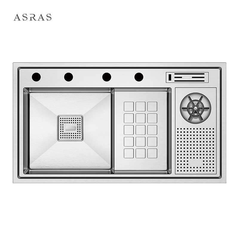 Asras Stainless Steel 304 single bowl Handmade Kitchen Sink stepped-base sink cup rinser sink  8448J