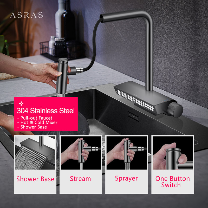 Asras 304 Stainless Steel Graphic Design Nano Pull Down Sprayer Single Handle Shower Base Model 4071S Kitchen Rainfall Faucet