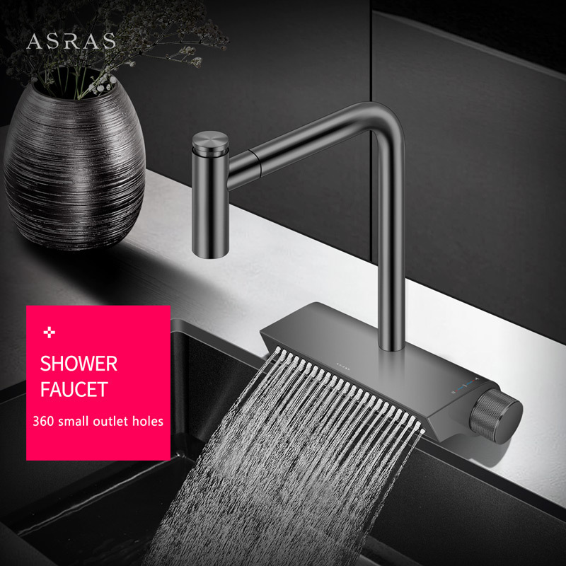 Asras 304 Stainless Steel Graphic Design Nano Pull Down Sprayer Single Handle Shower Base Model 4071S Kitchen Rainfall Faucet