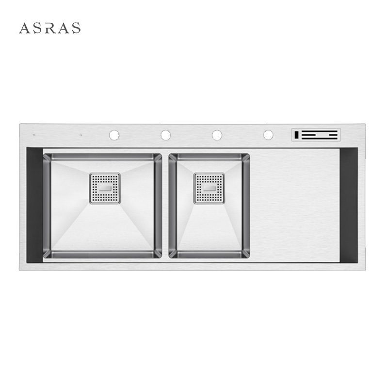 Asras SUS304 stainless steel Model 12050P large luxury silver fine brushed handmade kitchen sink with cup washer