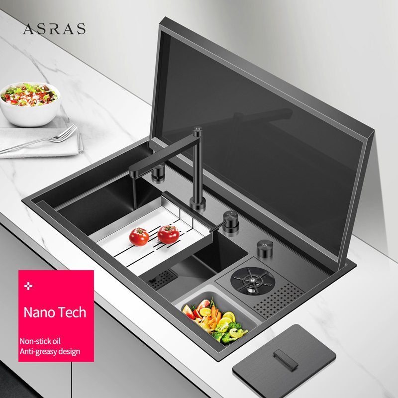 Asras SUS304 Graphic Modern Design Hidden Sink Lids Covered Sink Fine Brushed Model AS-8250NX Kitchen Handmade Sink