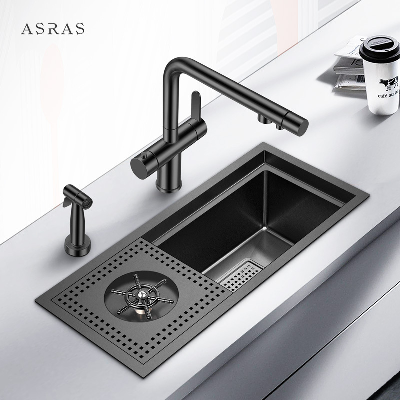 Asras SUS304 handmade black nano cup washer small kitchen sink durable kitchen faucet manufacturer-6026NX-1