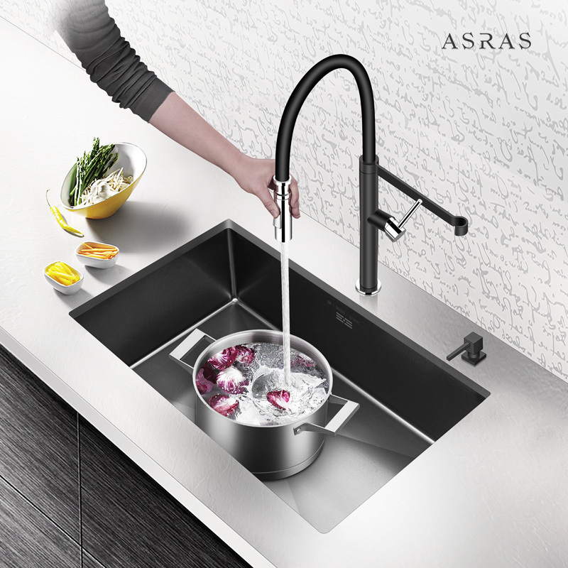 Asras Nano Handmade Sink Rose Gold Kitchen Sink Stainless Steel SUS304 Kitchen Graphic Design Modern Black Brushed Single Bowl