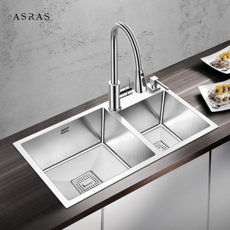 Asras SUS304 model 7843B twin bowl multipurpose sink with kitchen tap manufacturer handmade kitchen sink