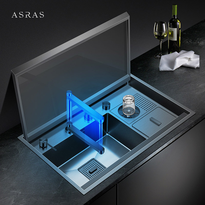 Asras SUS304 Graphic Modern Design Hidden Sink Lids Covered Sink Fine Brushed Model AS-8250NX Kitchen Handmade Sink