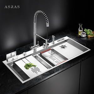 Asras SUS304 stainless steel Model 12050P large luxury silver fine brushed handmade kitchen sink with cup washer