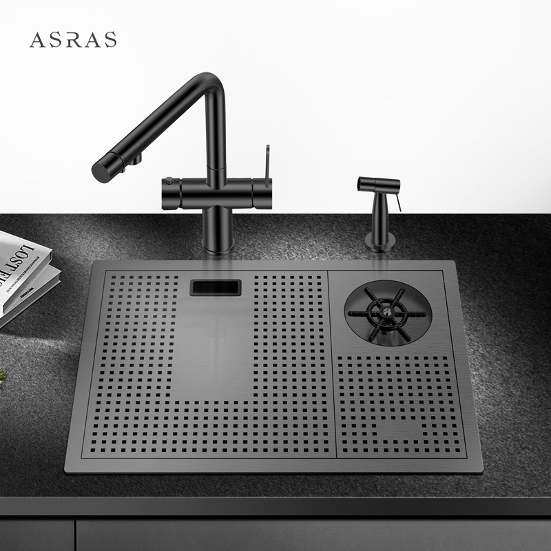 Asras SUS304 black nano handmade kitchen sink with flusher drain and kitchen faucet-5338NX