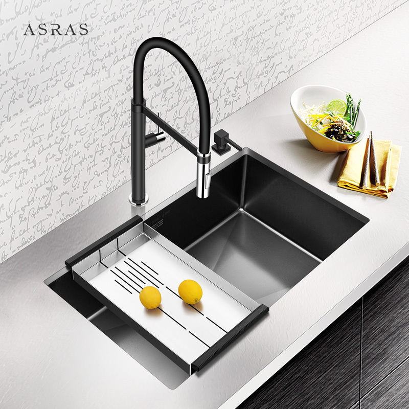 Asras Nano Handmade Sink Rose Gold Kitchen Sink Stainless Steel SUS304 Kitchen Graphic Design Modern Black Brushed Single Bowl