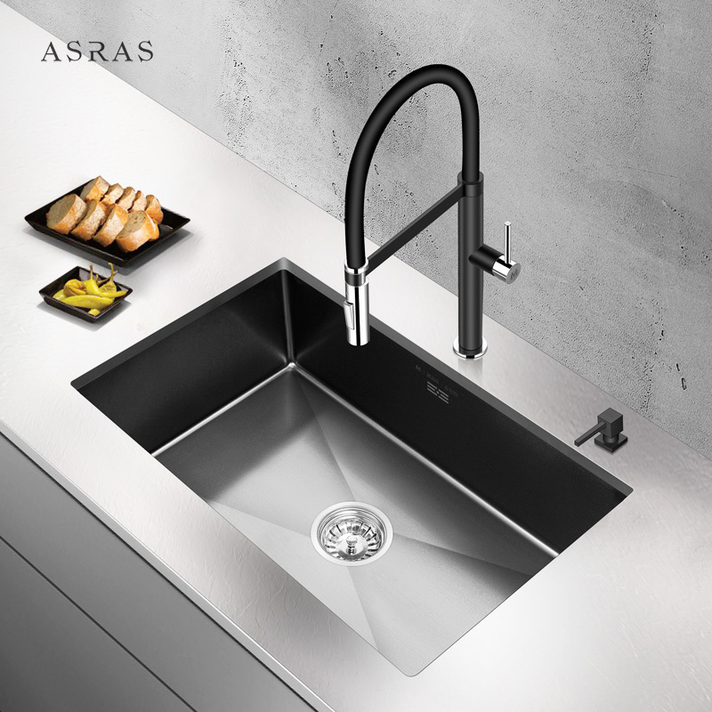 Asras Nano Handmade Sink Rose Gold Kitchen Sink Stainless Steel SUS304 Kitchen Graphic Design Modern Black Brushed Single Bowl