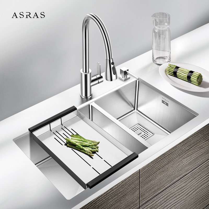 Asras SUS304 model 7843B twin bowl multipurpose sink with kitchen tap manufacturer handmade kitchen sink