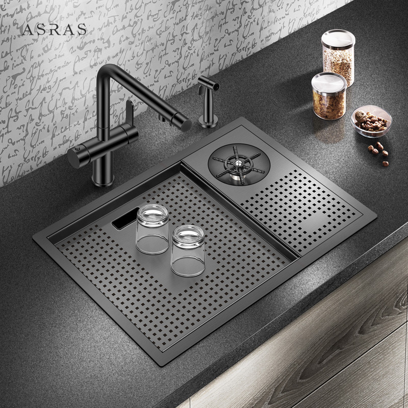 Asras SUS304 black nano handmade kitchen sink with flusher drain and kitchen faucet-5338NX