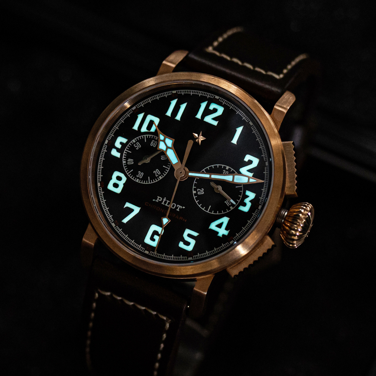 Stock free ship vintage st19 pilot vintage chronograph handing mechanical movement cusn8 bronze copper watch man for sale