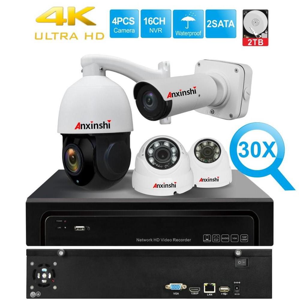 Anxinshi Starlight IR IP PTZ Dome Bullet CCTV Camera set 4K Smart NVR Camera Kit