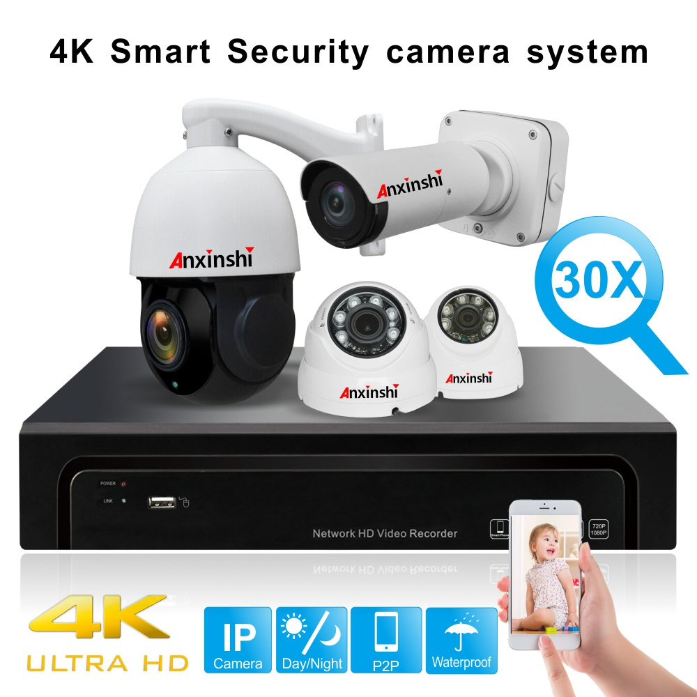 Anxinshi Starlight IR IP PTZ Dome Bullet CCTV Camera set 4K Smart NVR Camera Kit