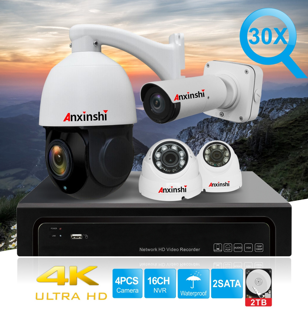 Anxinshi Starlight IR IP PTZ Dome Bullet CCTV Camera set 4K Smart NVR Camera Kit