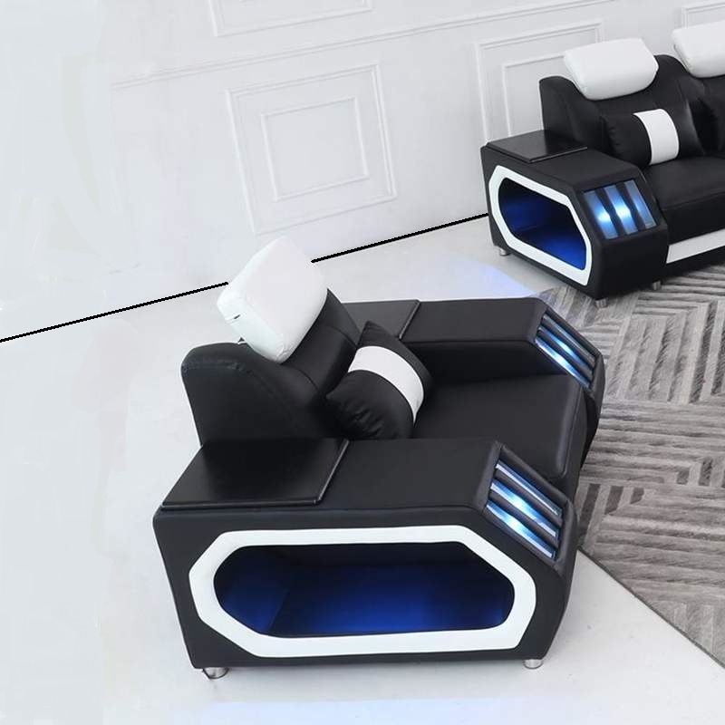 black and white LED light sofa set furniture living room modern sectional leather sofas with led lights from Foshan