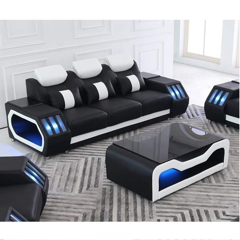 black and white LED light sofa set furniture living room modern sectional leather sofas with led lights from Foshan