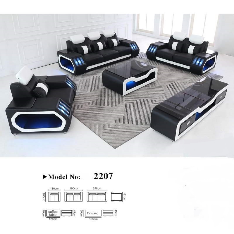 black and white LED light sofa set furniture living room modern sectional leather sofas with led lights from Foshan