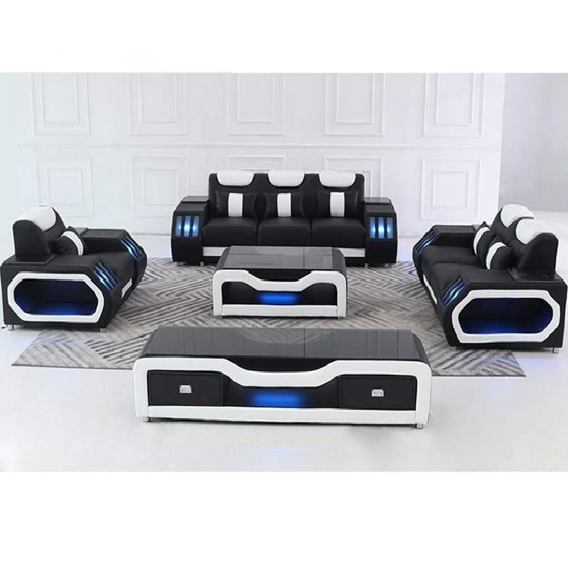 black and white LED light sofa set furniture living room modern sectional leather sofas with led lights from Foshan