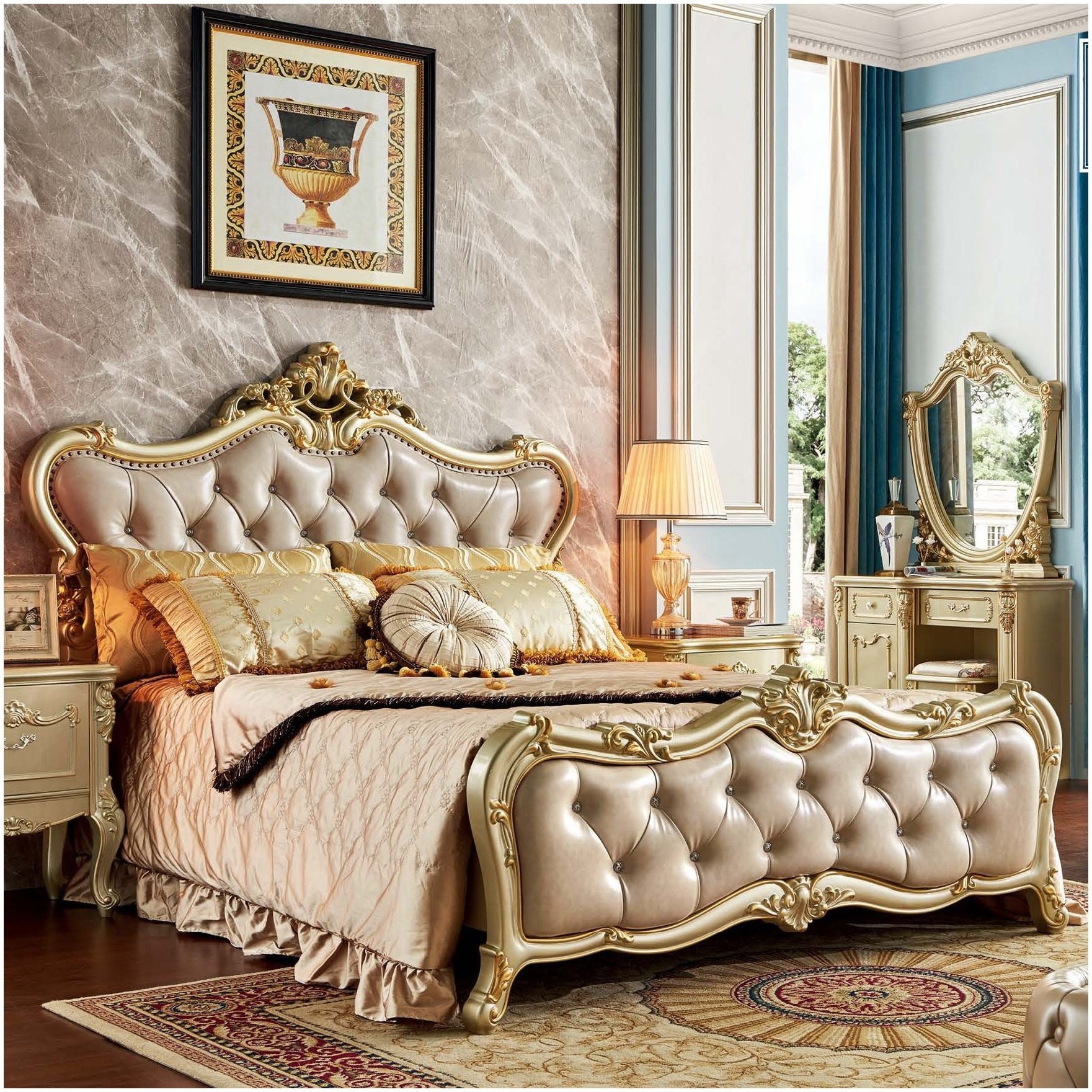 Hot sale fashion king size bed and mirrored dresser bedroom furniture sets High quality frame with mirror combination