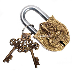 Ganesh Pad Lock with keys - Traditional Solid Brass Locks - Easy to open - Religious Design Metal Lock for security and safety