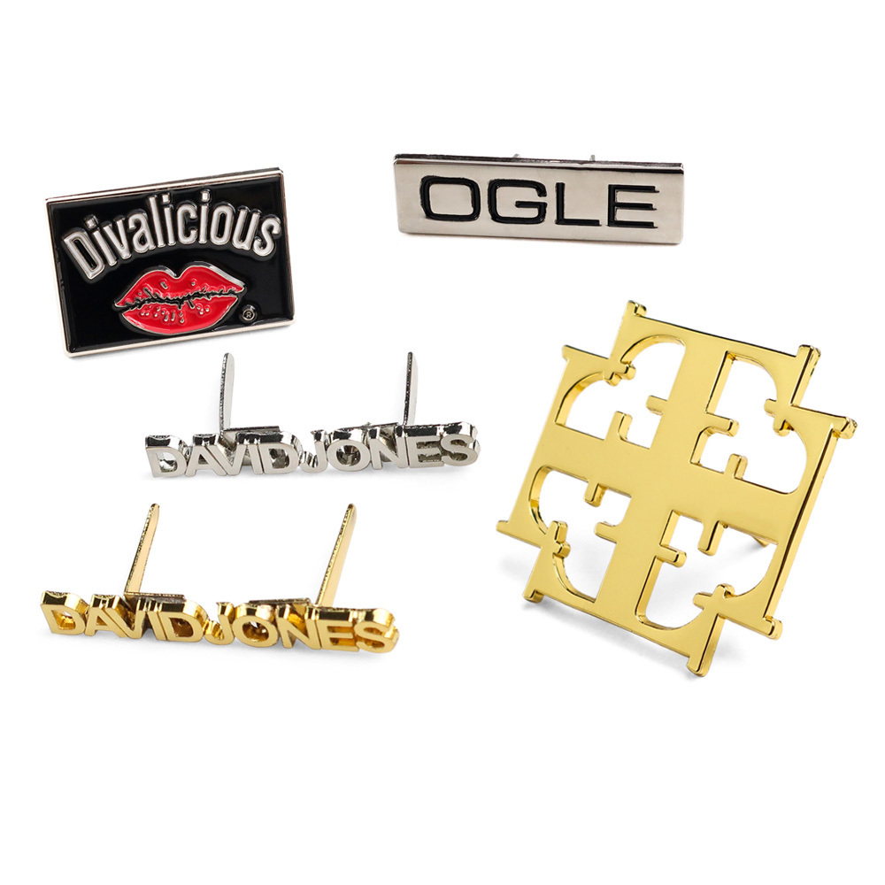 Custom logo 3d clothing metal label pin engraving metal enamel letter labels printer for shirts