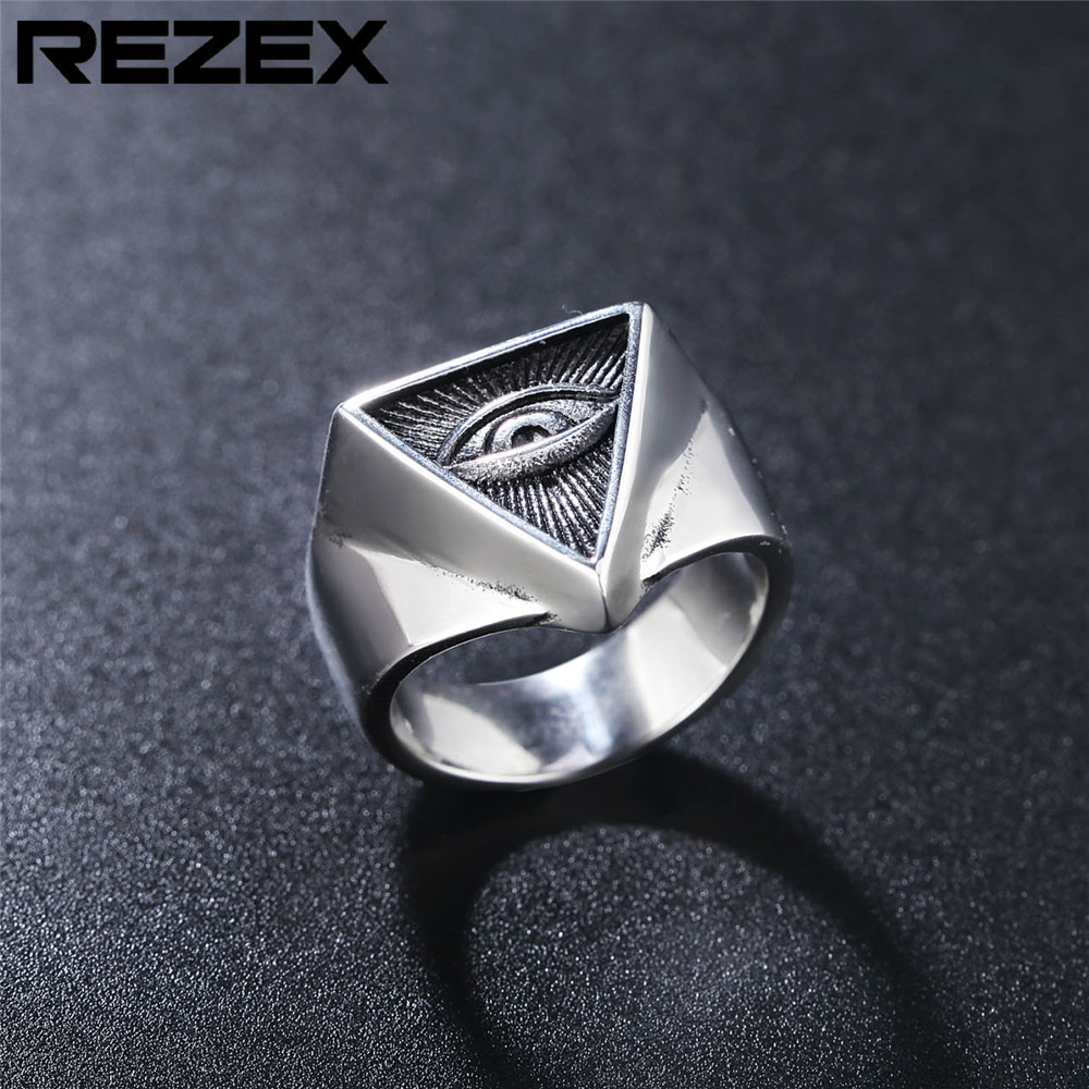 Old Style Amulet Retro Ancient Symbol Pyramid Triangle Stainless Steel Finger Rings Eye Ring Illuminati Ring For Men