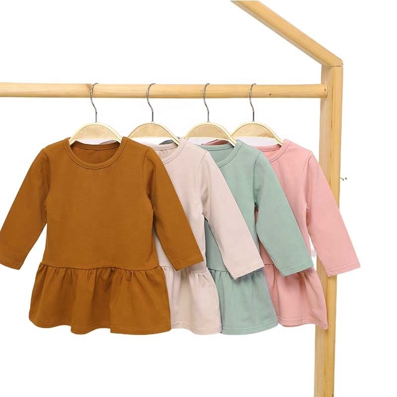 Wholesale Long Sleeve Frill Hem Organic Cotton 0-24M Baby Girl Dresses Comfortable Baby Dress