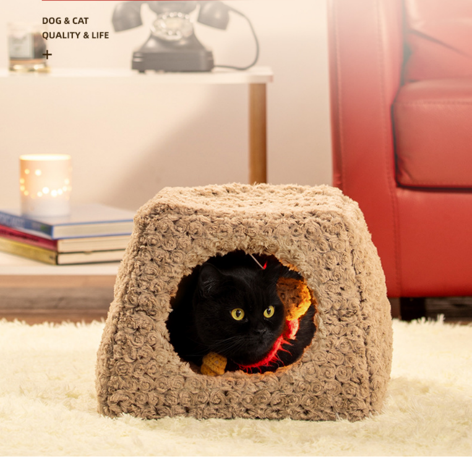 Coral Velvet 2 in 1 Calming Fluffy Cat Beds Cave House Pet Sleeping Bed Foldable Tent for Cats