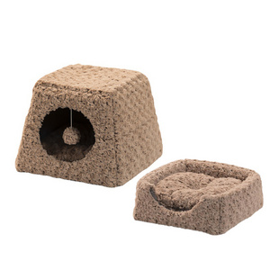 Coral Velvet 2 in 1 Calming Fluffy Cat Beds Cave House Pet Sleeping Bed Foldable Tent for Cats