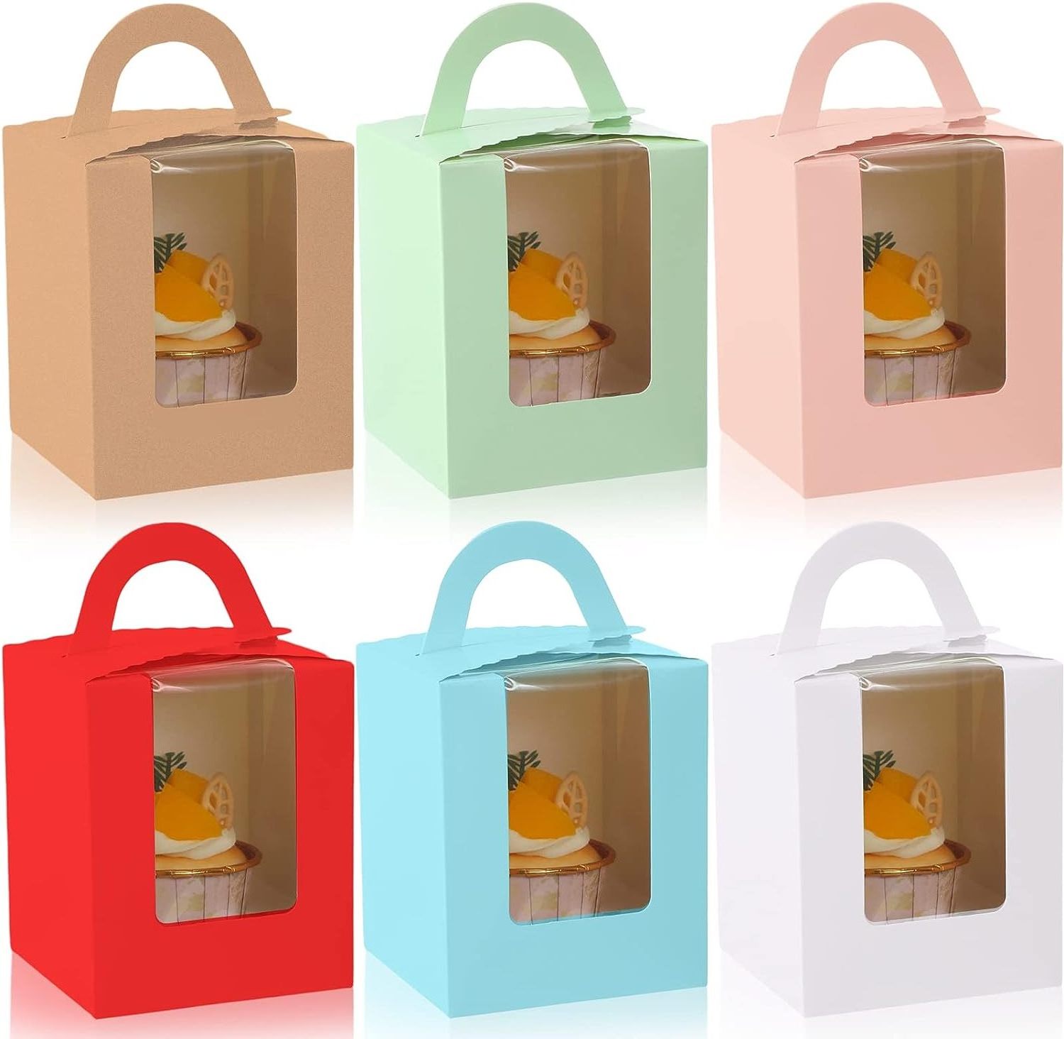 wholesale Portable Kraft Cupcake Carriers Individual Cupcake Boxes Colourful Cupcakes Containers with Insert Window Handle