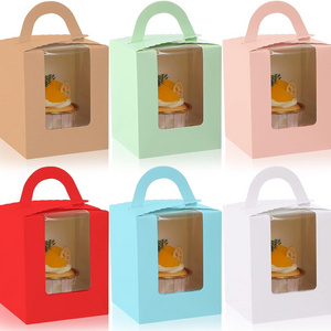 wholesale Portable Kraft Cupcake Carriers Individual Cupcake Boxes Colourful Cupcakes Containers with Insert Window Handle