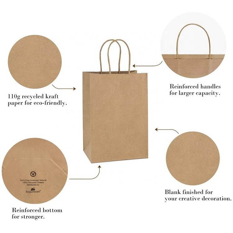 FREE samples Eco friendly customized Personalized Small Paper Gift Party Bags Kraft Paper Brown Bags with Handles Bulk