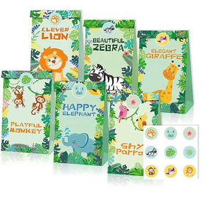 Custom Jungle Animal Theme Party Cartoon Kraft Goodie Bags DIY Candy Treat Wrapped Bags With Sealing Stickers