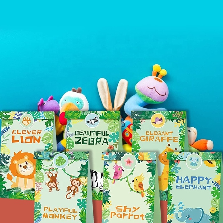 Custom Jungle Animal Theme Party Cartoon Kraft Goodie Bags DIY Candy Treat Wrapped Bags With Sealing Stickers