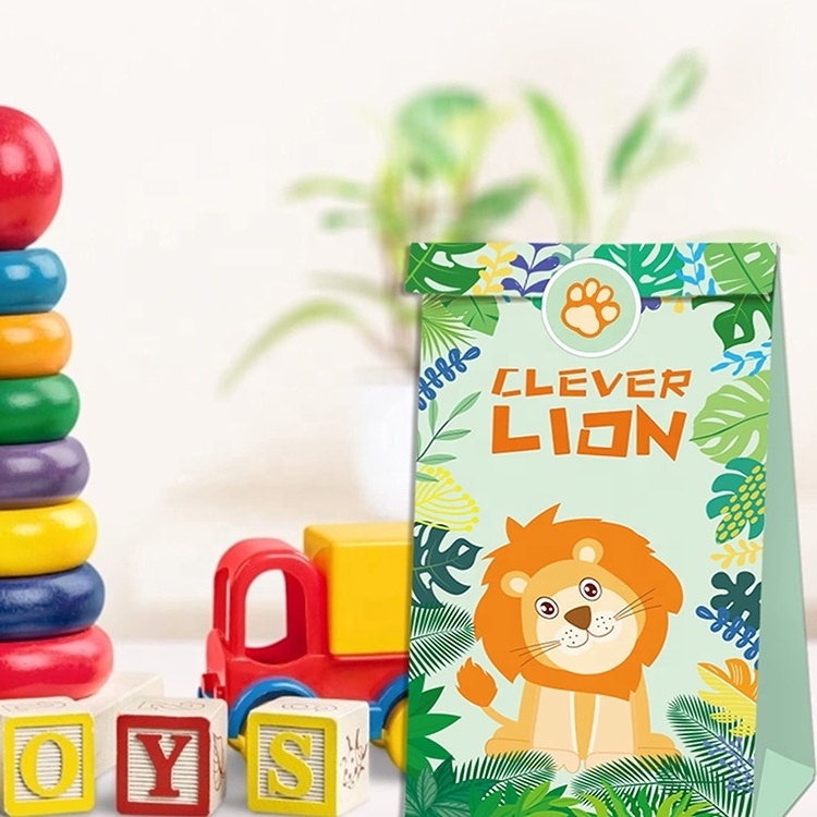 Custom Jungle Animal Theme Party Cartoon Kraft Goodie Bags DIY Candy Treat Wrapped Bags With Sealing Stickers