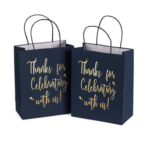 Custom Logo Premium Wedding Birthday Baby Shower Gift Packaging Gold Foil Navy Blue Kraft Paper Door Gift Bag