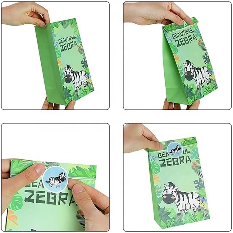 Custom Jungle Animal Theme Party Cartoon Kraft Goodie Bags DIY Candy Treat Wrapped Bags With Sealing Stickers