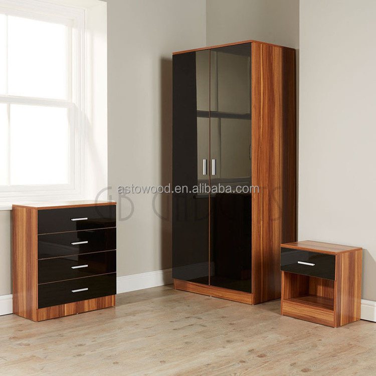 Melamine wooden 3 Set Wardrobe With black High gloss Front