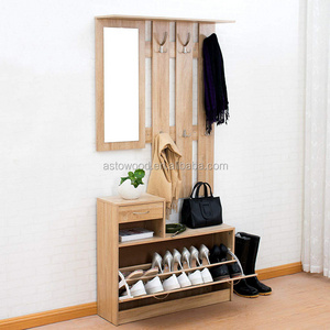 Oak Colour Hall Tree Coat Stand Shoe Storage Unit with Floating Coat Hanging Rack with Mirror