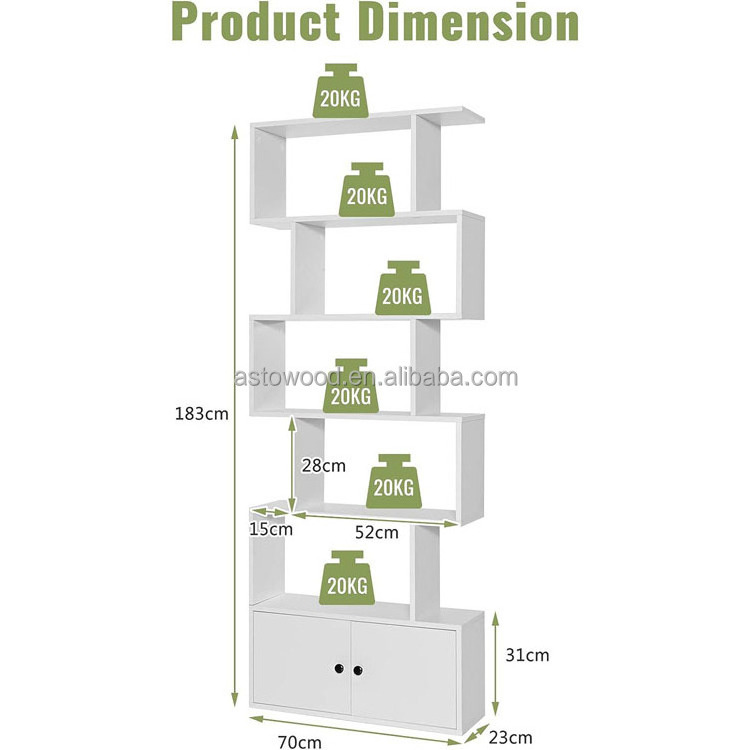 6-Tier Wooden S-Shaped Storage Bookshelf with Cabinet, Bookcase,  Freestanding Tall Shelving Unit Divider for Living Room Office