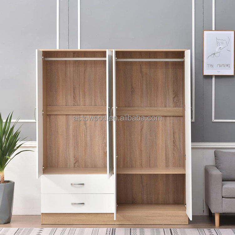 Hot sale Modern Bedroom 4 Door 2 Drawer Wardrobe in Grey Gloss/Light Oak Effect Veneer